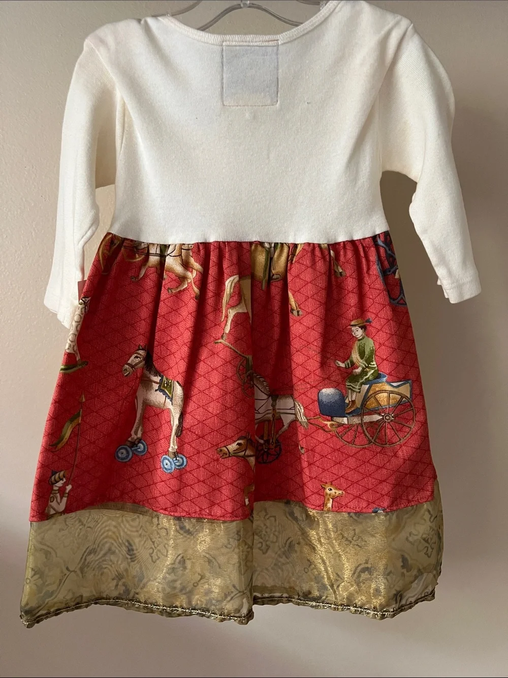 Vintage White & Red Carousel-Print Girls Dress with Gold Trim